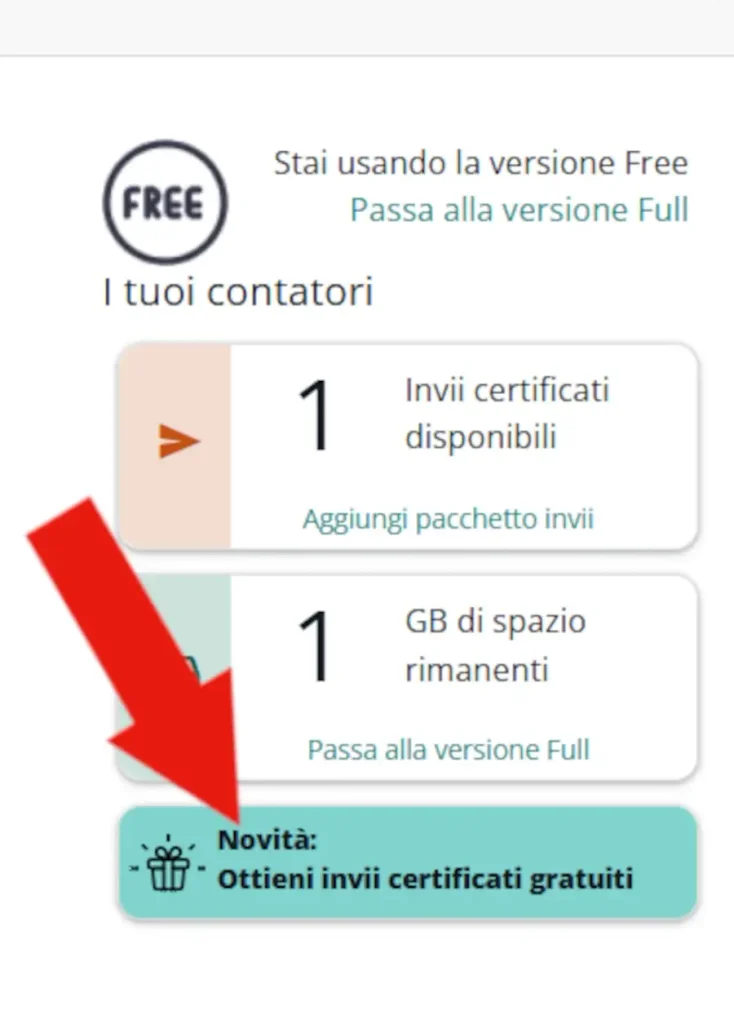 Screenshot del riquadro contatori all'interno della PEC SpidMail da cui cliccare Novità per ottenere il link di referral.