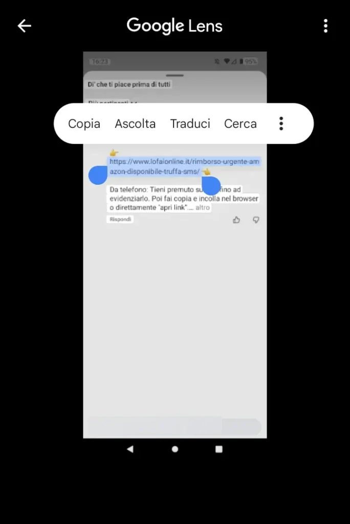 Screenshot del link evidenziato su Google Lens e del menù che permette di copiare o cercare il testo selezionato.