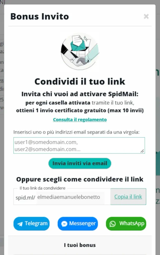 Screenshot del riquadro da cui copiare il link per ottenere invii omaggio da inoltrare per invitare persone ad aprire una PEC SpidMail.