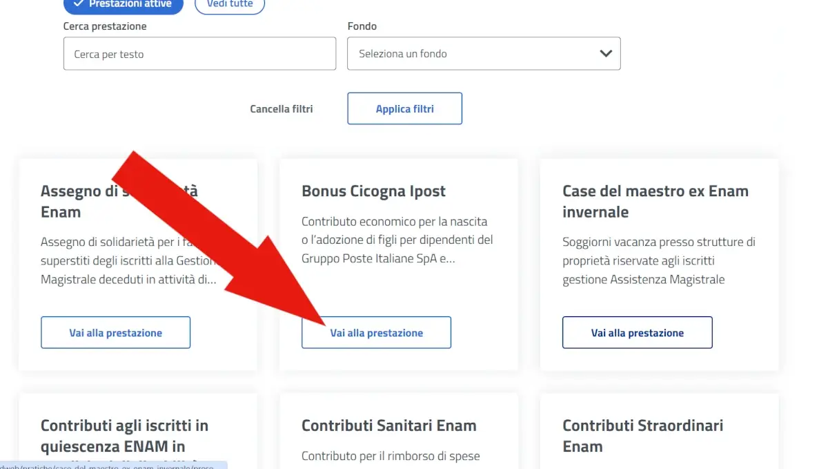 Pagina delle prestazioni attive richiedibili sul portale welfare tra cui Bonus Cicogna Ipost.