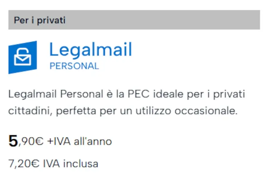 Infografica con caratteristiche e prezzi della PEC Legalmail Personal di Infocert.