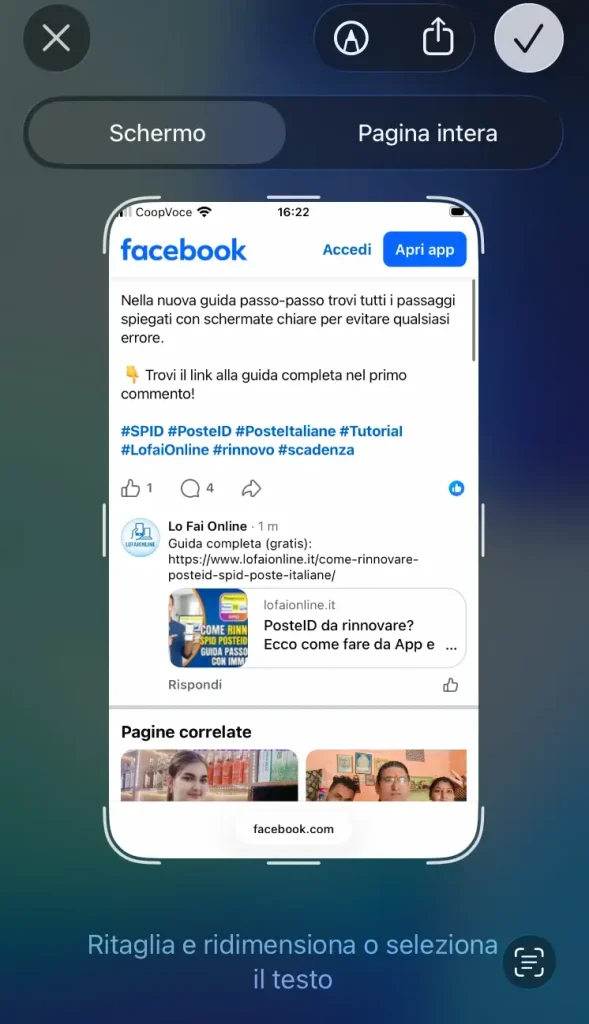 Screenshot scattato da iPhone di una pagina Facebook contenente un link.