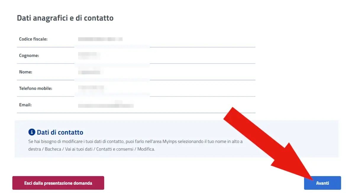 Screenshot della sezione dati anagrafici e di contatto della domanda bonus cicogna e una freccia indica il pulsante avanti.