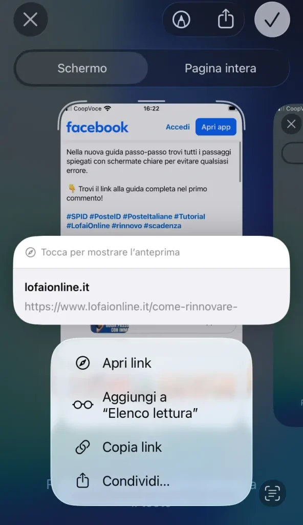 Screenshot del link rilevato da iPhone tramite l'acquisizione della schermata.
