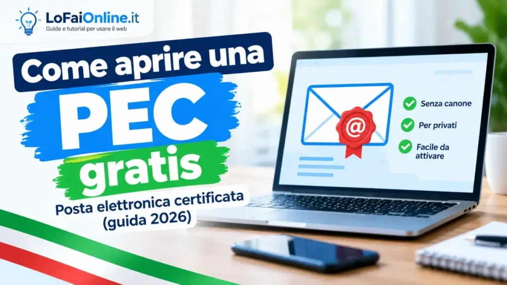 Immagine in evidenza della guida "Come aprire una PEC gratis" che raffigura un PC e il titolo scritto grande.