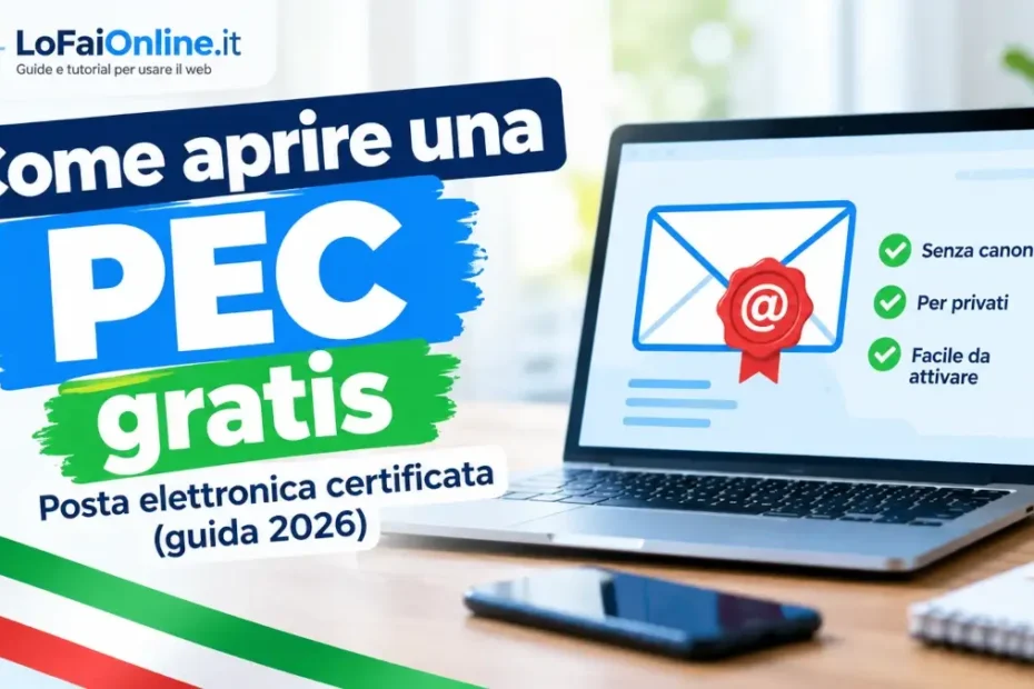 Immagine in evidenza della guida "Come aprire una PEC gratis" che raffigura un PC e il titolo scritto grande.