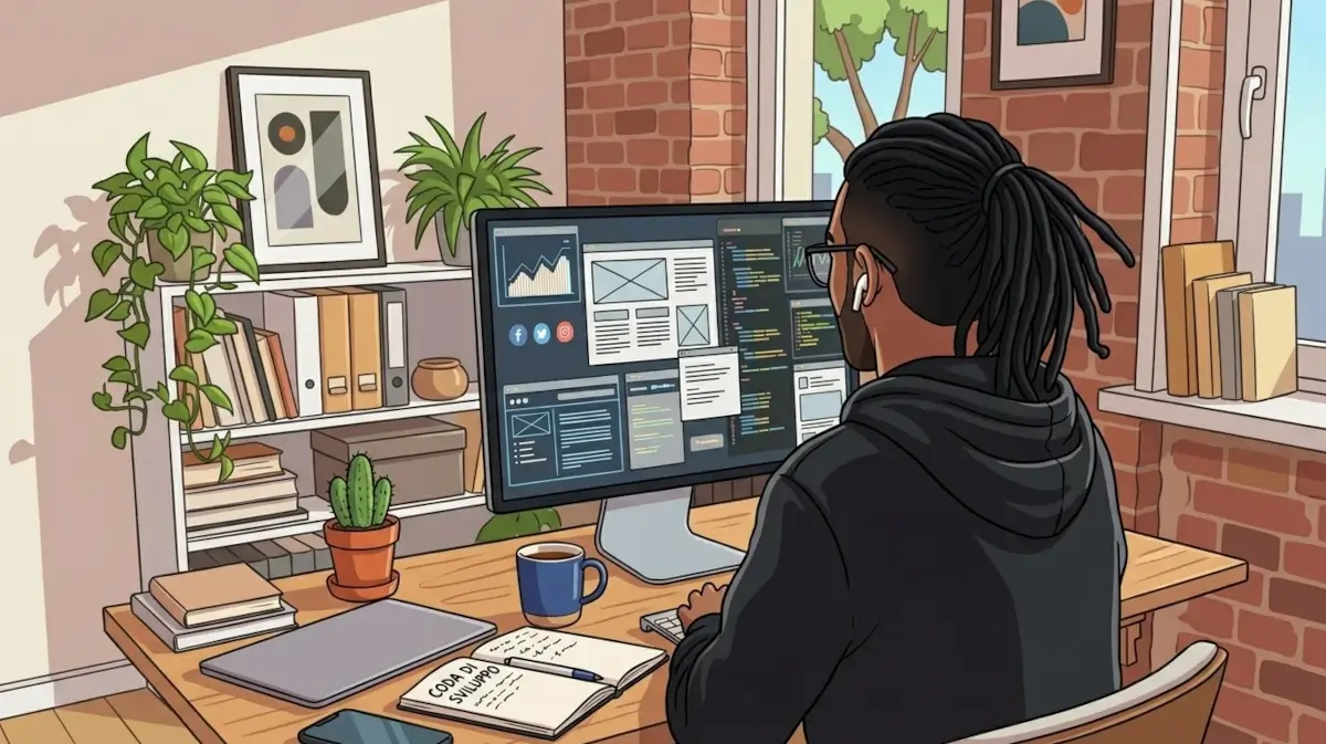 Immagine in stile cartoon di un uomo con i dreadlocks davanti al PC che simboleggia Emanuele Bonetto e la sua Attività di servizi per il web ELMEDIA.