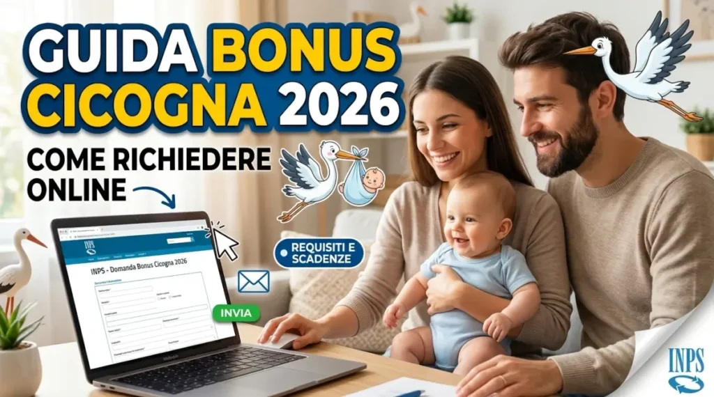Immagine in evidenza e di anteprima che mostra una coppia con un bambino davanti a un computer e la scritta guida bonus cicogna 2026.