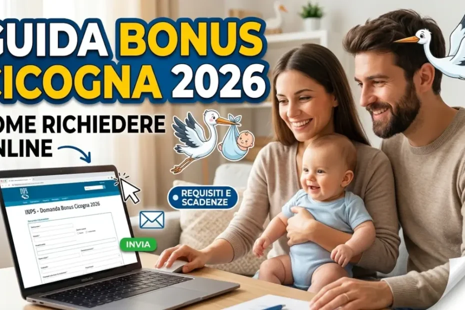 Immagine in evidenza e di anteprima che mostra una coppia con un bambino davanti a un computer e la scritta guida bonus cicogna 2026.
