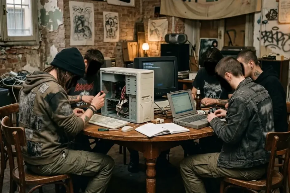 Immagine generata con AI che raffigura un centro sociale anni 90-2000 e dei ragazzi seduti attorno a un tavolo mentre lavorano assemblando e programmando computer.
