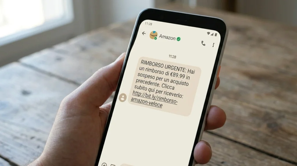 Esempio di SMS fraudolento che imita Amazon indicando un rimborso giacente da sbloccare cliccando il link presente.