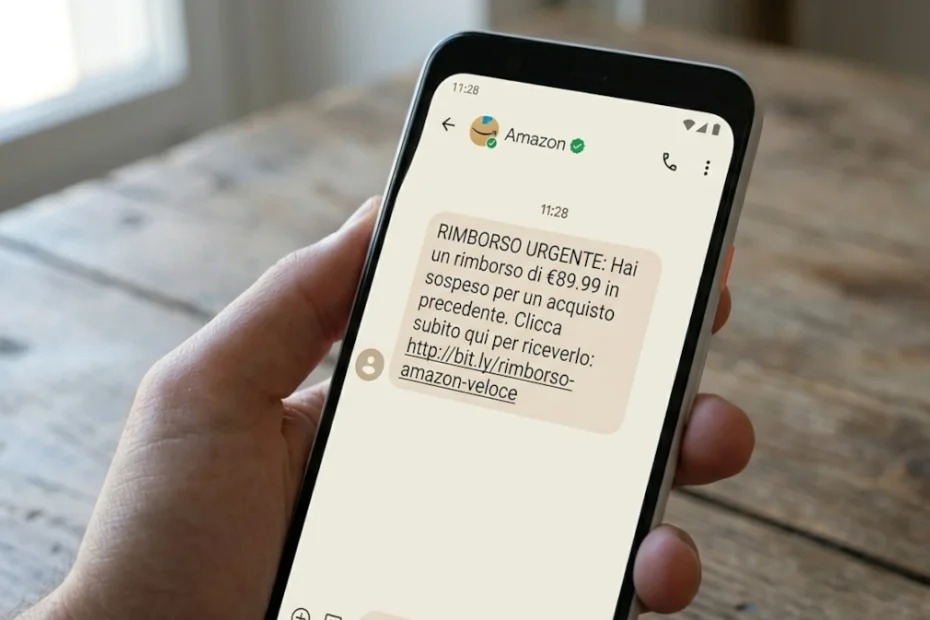 Esempio di SMS truffa che imita Amazon e invita a sbloccare un rimborso in sospeso tramite link che ruba i dati.
