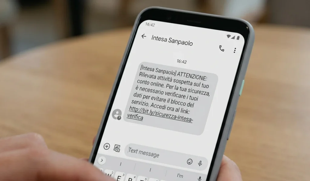 Esempio generato con AI di SMS ricevuto da tanti utenti che imita Intesa Sanpaolo informando di attività sospetta con link per azione.
