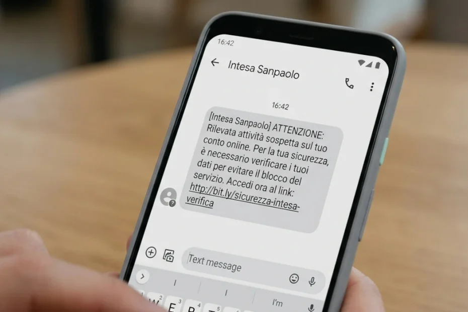 Esempio generato artificialmente di SMS che imita Sanpaolo per rubare le credenziali a seguito di una verifica di sicurezza.