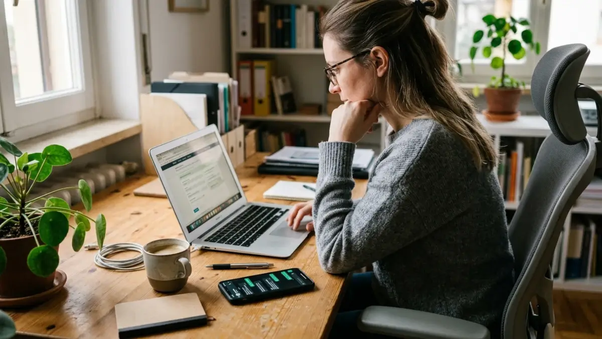 Una donna seduta al PC risolve un problema aiutandosi con la chat whatsapp aperta sul cellulare con SOS Web di LoFaiOnline.