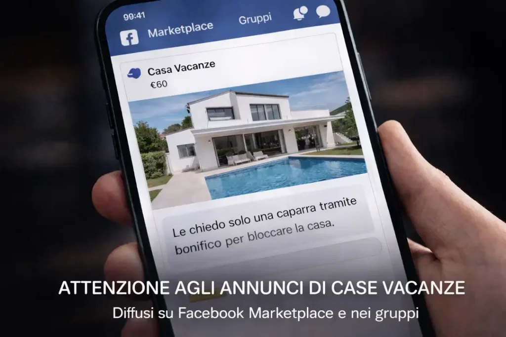 Esempio generato con IA raffigurante uno smartphone su Facebook marketplace, con un annuncio di una casa vacanze.