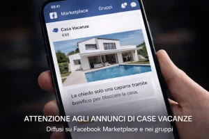 Immagine generata da AI che mostra un telefono con aperto Facebook e l'inserzione di una casa vacanze.