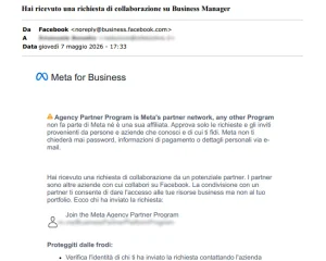 Screenshot della truffa email della richiesta di collaborazione su Facebook allo scopo di rubare la pagina o l'account.