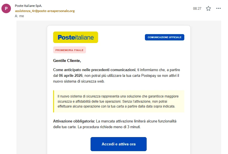 Screenshot reale della truffa email che imita poste italiane nel tentativo di rubare i dati.