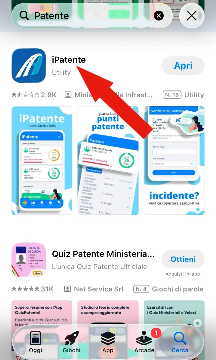 Screenshot dell'App store con l'app iPatente pronta da essere aperta.