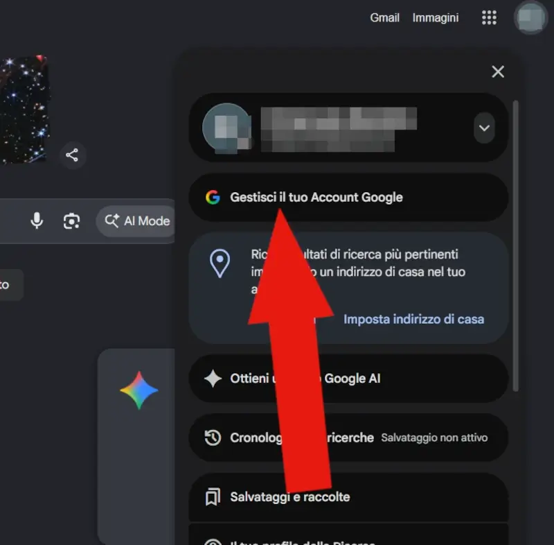 Screenshot di una pagina Google e del menù con la voce Gestisci il tuo account indicata da una freccia.