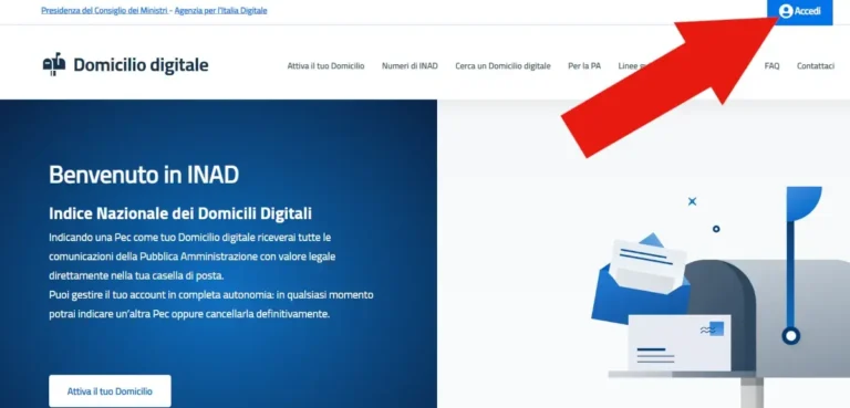 Screenshot dell'homepage del sito INAD. Una freccia aggiunta indica il tasto accedi per accedere al servizio.