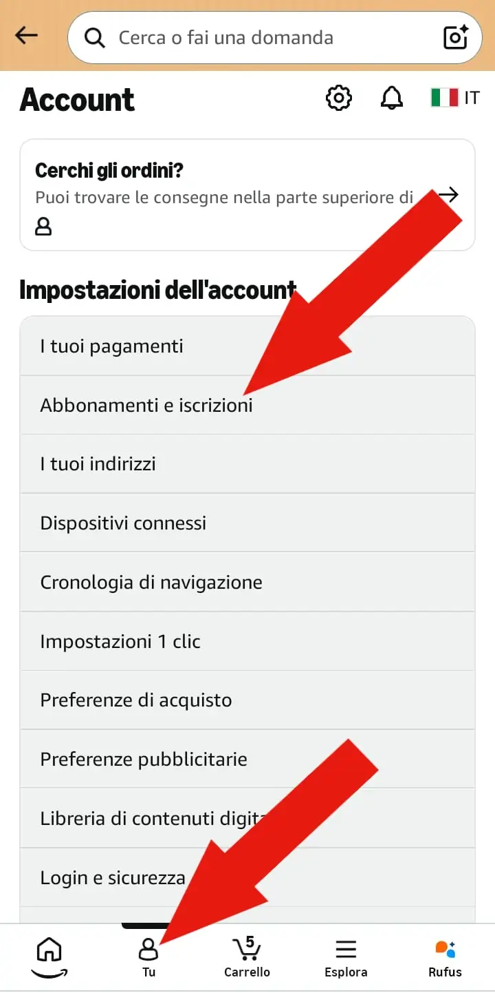 Screenshot del sito o app con le impostazioni di Amazon nella sezione profilo personale.