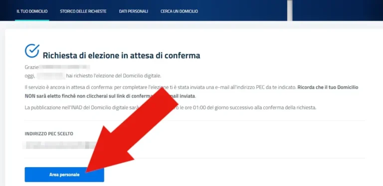 Screenshot della comunicazione in attesa di conferma di attivazione del domicilio digitale che invita a cliccare un link alla PEC.
