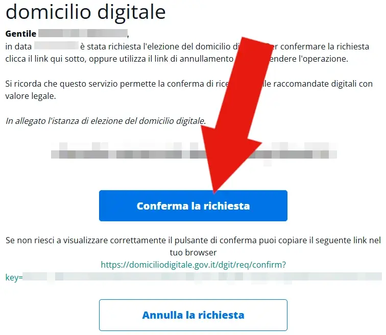 Screenshot dell'email di conferma ricevuta alla PEC per attivare il domicilio digitale.
