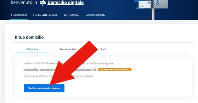 Screenshot della richiesta di domicilio digitale in attesa di  pubblicazione e il pulsante verifica lo stato della richiesta.