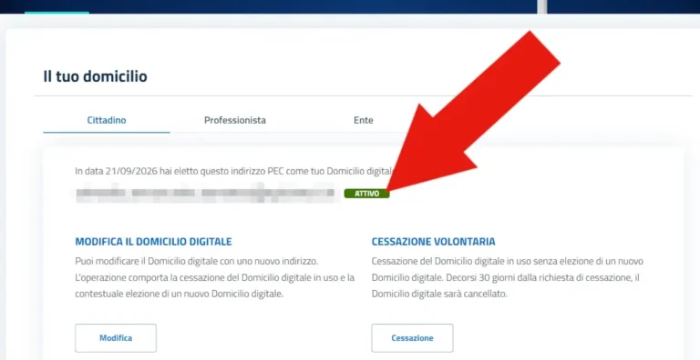 Screenshot del domicilio digitale attivo e dei tasti di gestione nell'area personale del portale INAD.