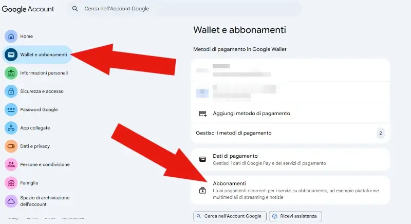 Screenshot della sezione Wallet e abbonamenti e abbonamenti nelle impostazioni dell'account Google.