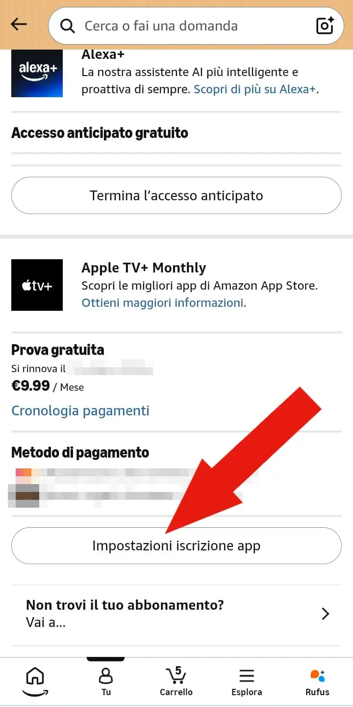 Elenco abbonamenti e iscrizione su Amazon tra cui figura Apple TV.
