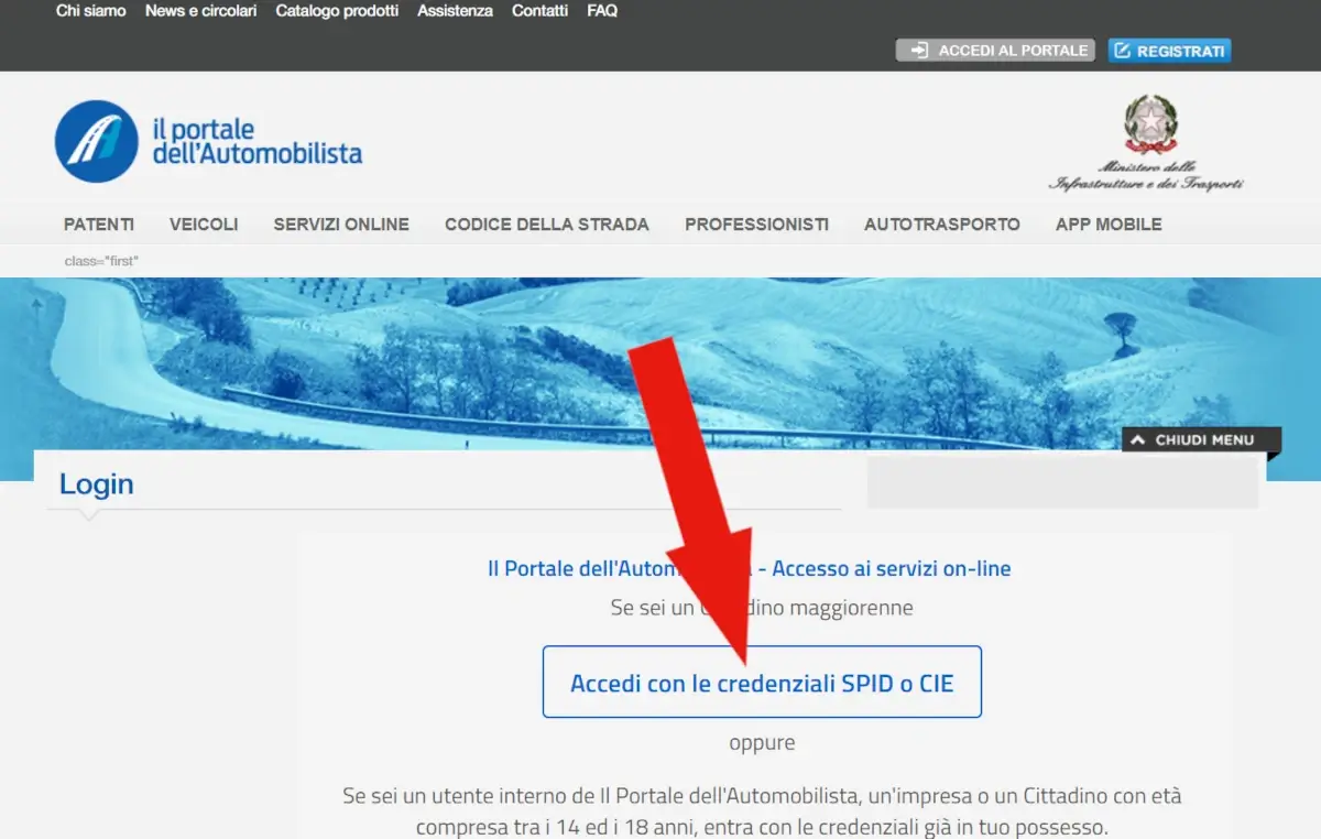 Pagina di accesso al portale dell'automobilista, dove scegliere se accedere con SPID o CIE o credenziali del sito.