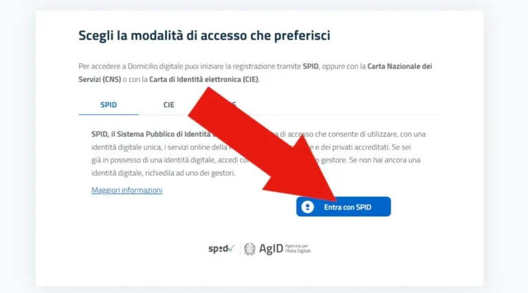 Screenshot della pagina di scelta del metodo di identità digitale per accedere al servizio.