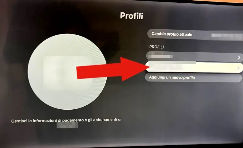 Screenshot della sezione per selezionare il profilo utente di cui gestire l'abbonamento Apple TV.