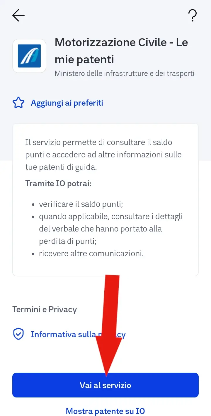 Pagina di reindirizzamento al servizio patenti offerto dalla motorizzazione civile, dove cliccare su vai al servizio.