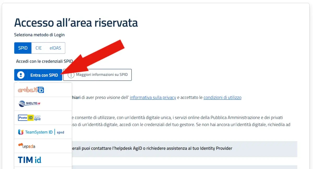 Schermata di selezione del fornitori di SPID dall'elenco.
