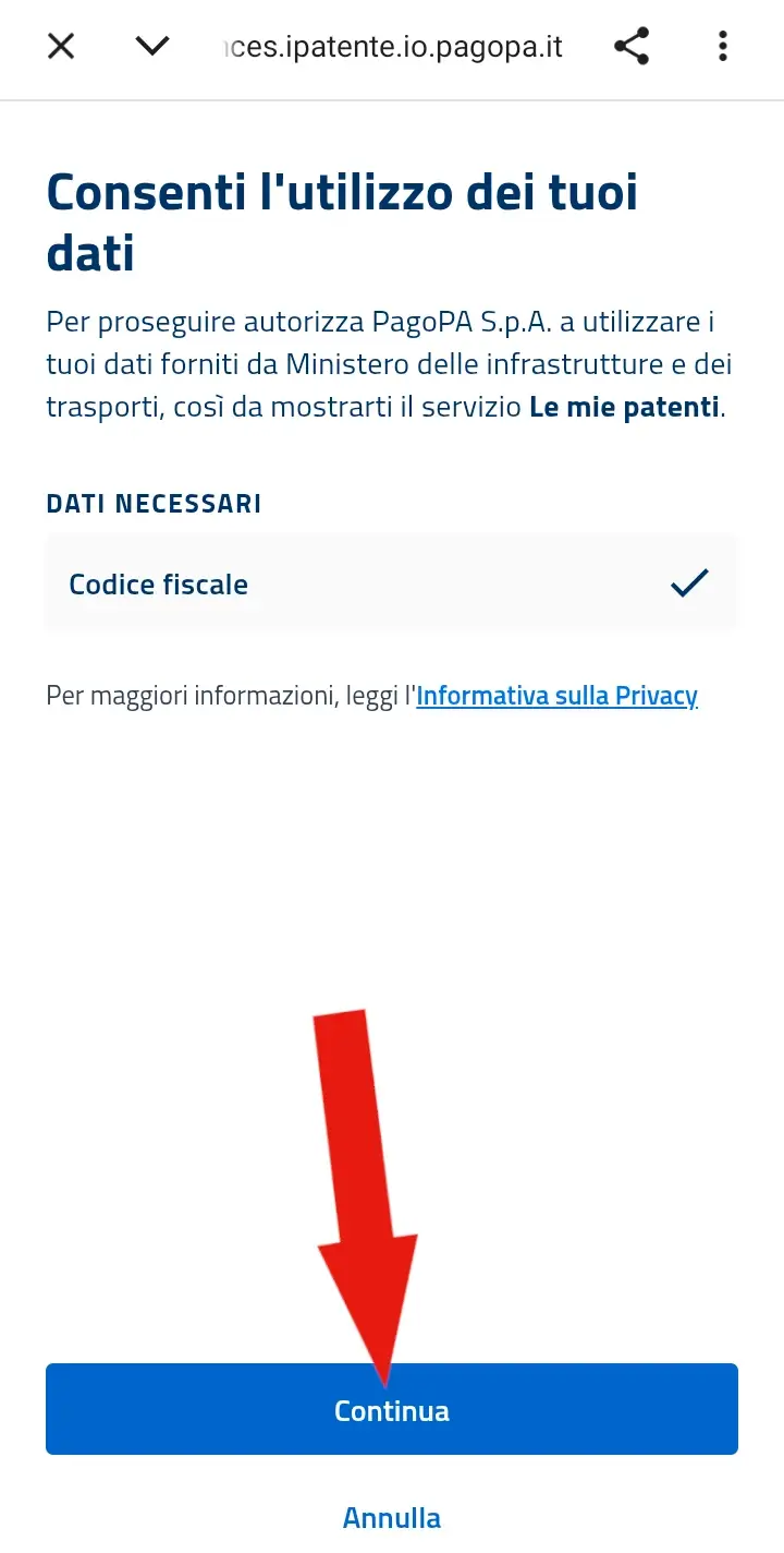 Schermata del passaggio per fornire il consenso all'utilizzo dei dati personali.