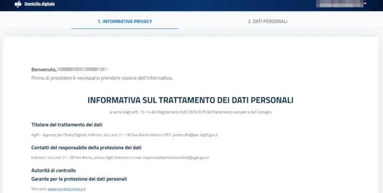 Screenshot dell'informativa sulla privacy e norme di utilizzo del domicilio digitale.