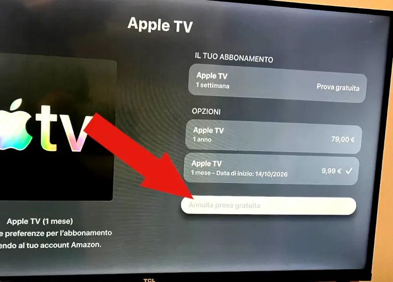 Foto della sezione dell'app Apple TV dove troviamo il tasto Annulla abbonamento indicato da una freccia.