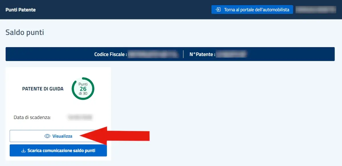 Screenshot della scheda punti patente dove cliccare visualizza per vedere l'elenco delle variazioni dei punti patente.