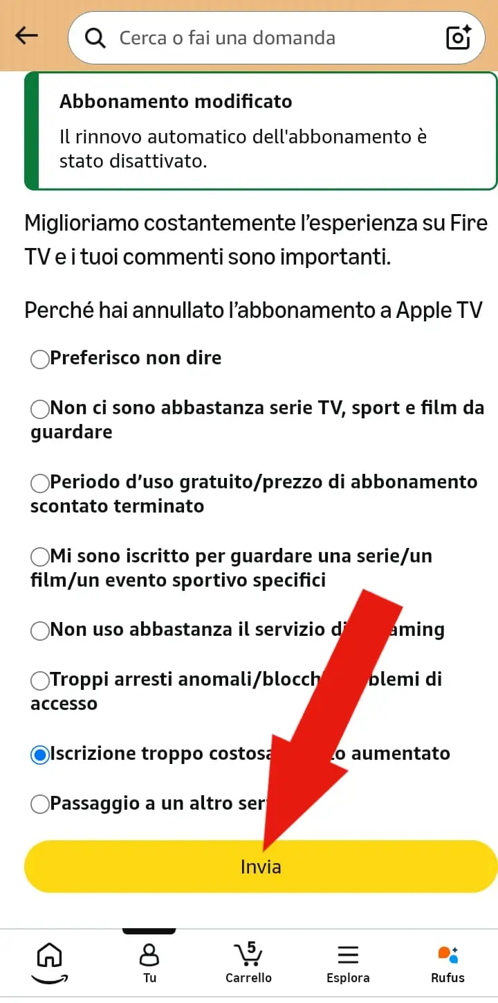 Screenshot del passaggio di disdetta Apple TV in cui chiede di selezionare una motivazione per la scelta.