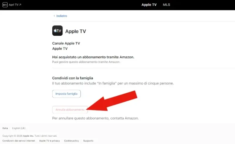 Screenshot del tasto annulla abbonamento sotto all'abbonamento a Apple TV.