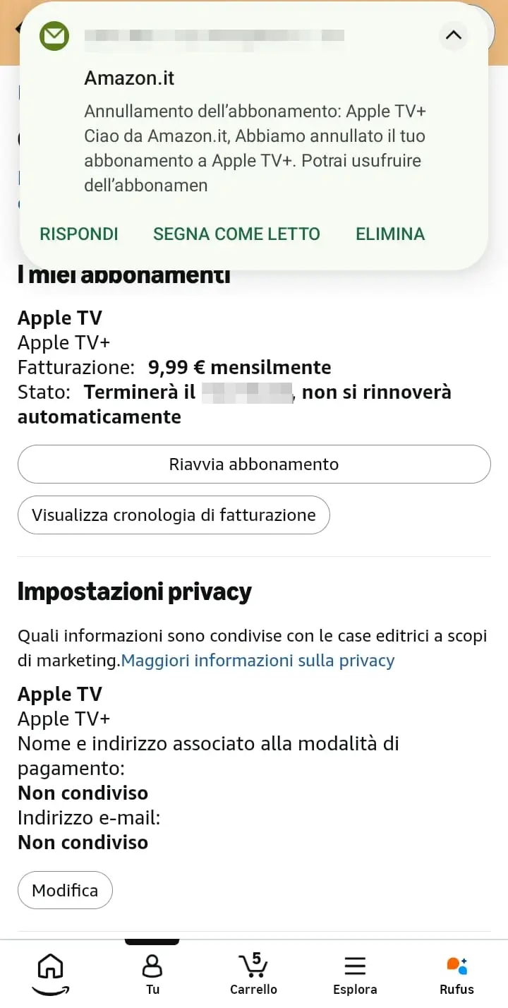 Screenshot della pagina di conferma di disattivazione abbonamento Apple TV tramite Amazon.