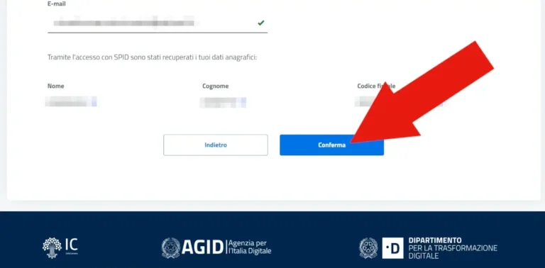 Screenshot della pagina di conferma dei contatti e dati personali rilevati dal sistema.
