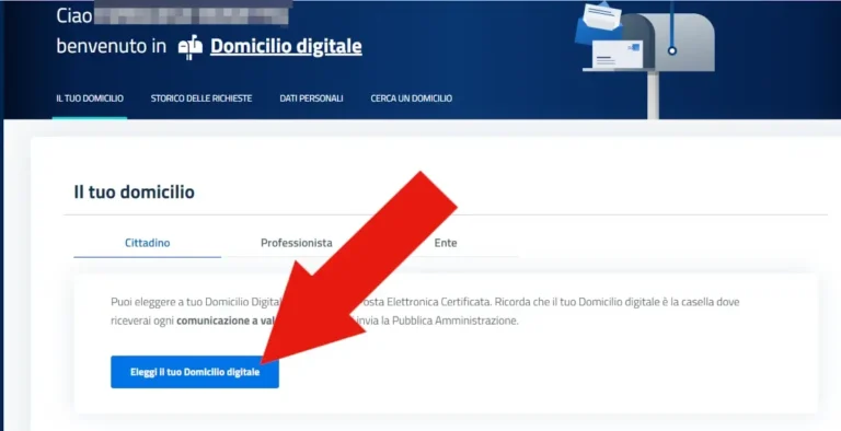 Screenshot della pagina per iniziare la procedura di attivazione del domicilio digitale.