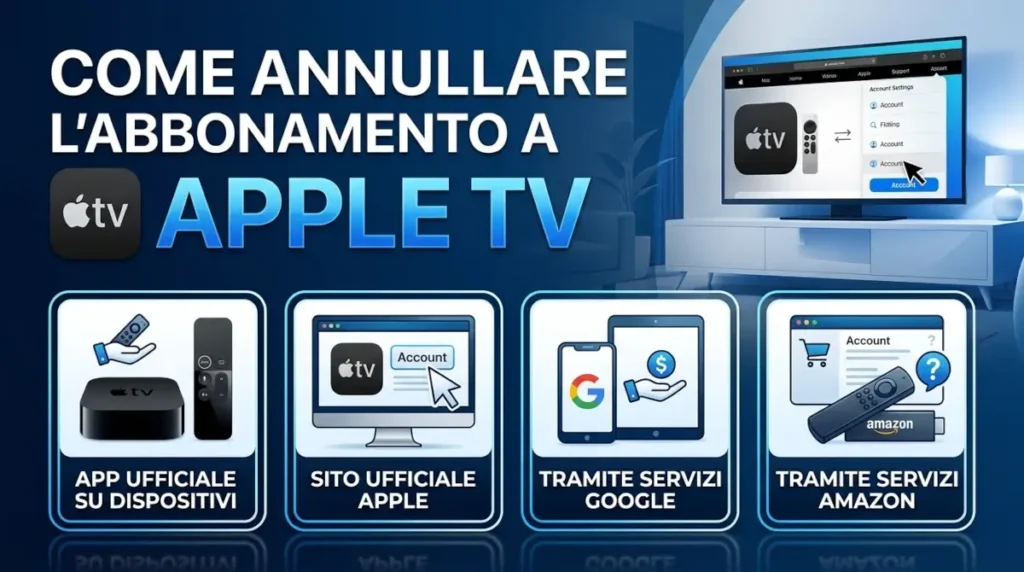 Infografica e immagine in anteprima con il titolo Come annullare abbonamento Apple TV.