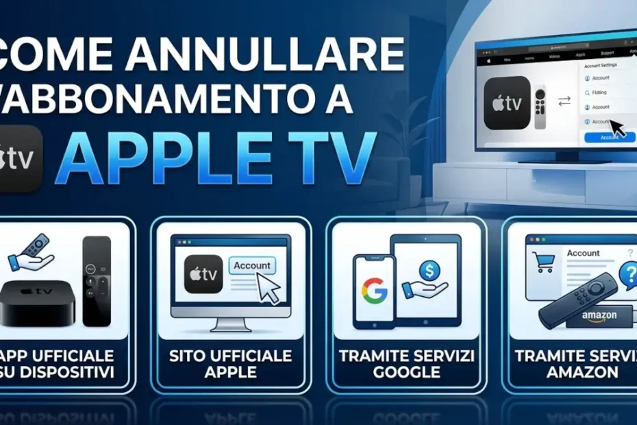 Infografica e immagine in anteprima con il titolo Come annullare abbonamento Apple TV.