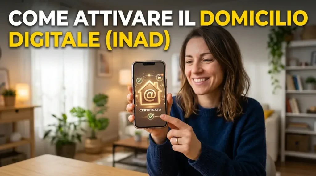Una donna tiene in mano un telefono e sorride con il titolo Come attivare il domicilio digitale INAD.